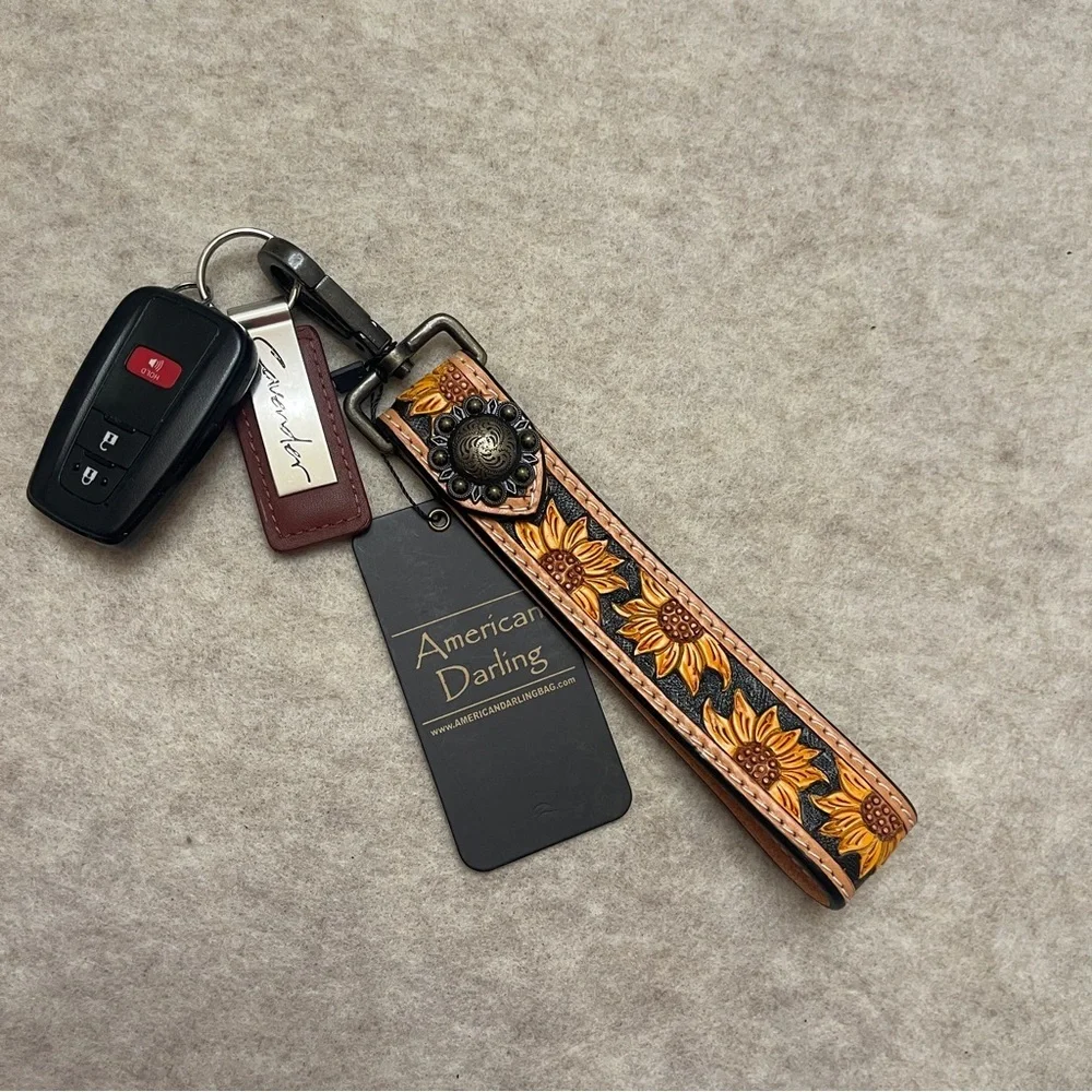 American Darling ADWSF102 Sunflower Tooled Genuine Leather Keychain Wristlet New